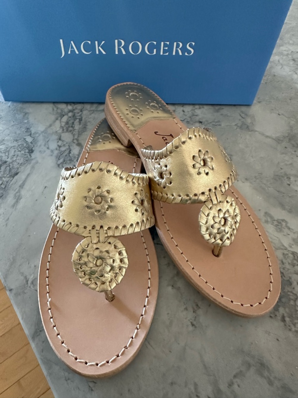 Jack Rogers Gold Leather Whipstitch Medallion Sandals